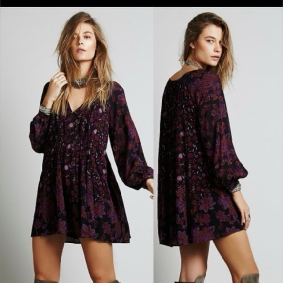 Free People Lucky Loosey Purple Floral Print Boho Festival Mini Dress Tunic Rare - Picture 1 of 10